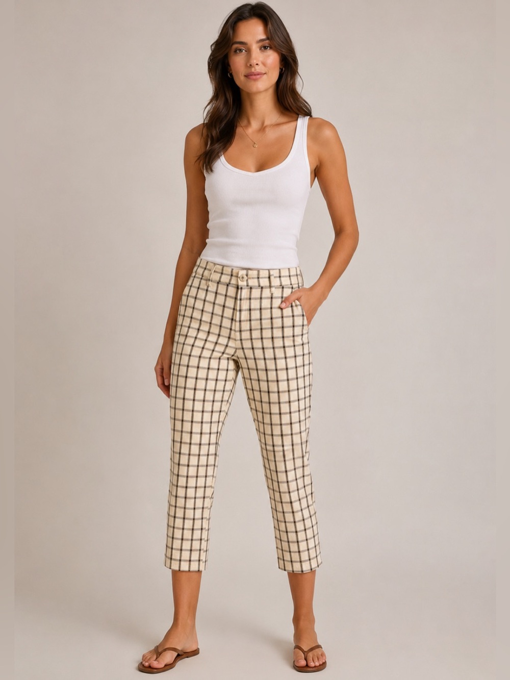 🌸2/20 Anthropologie Plaid Essential White Black Slim Crop Pants 2 Quiet Luxury